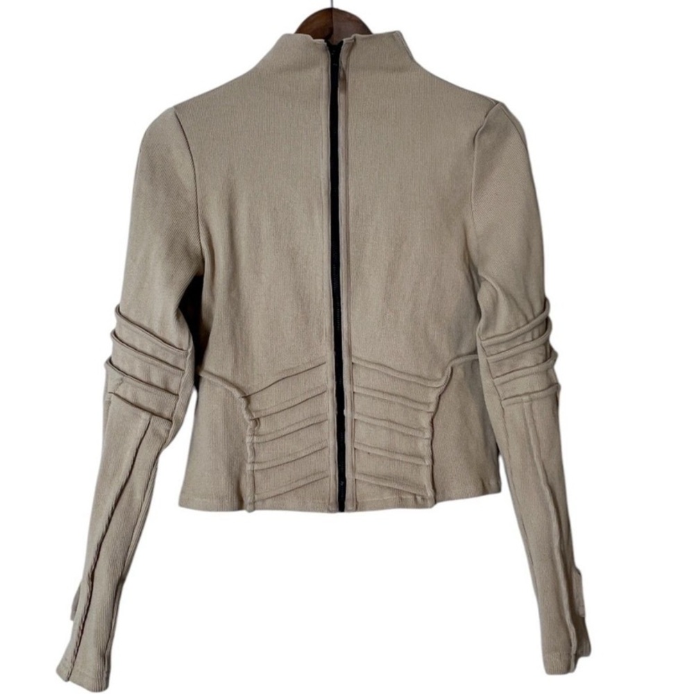 BBXBRAND Ribbed Tan Full Zip Jacket Womens Size 12 Mock Neck Thumb Holes